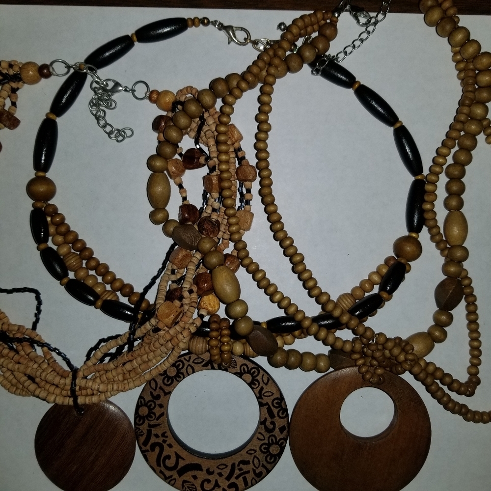 Necklace Lot Wood Beaded Boho Bundle Chunky Set